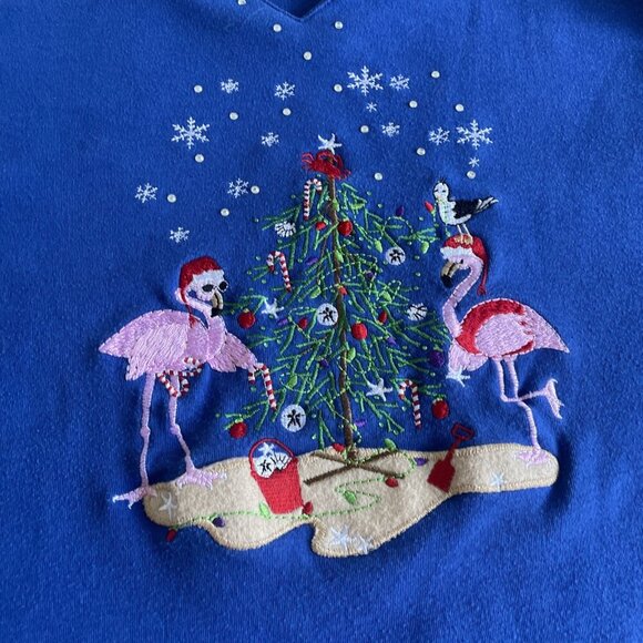 Allyson Whitmore Blue Beach Holiday Christmas Flamingos Shirt - Size PXL/M (XM1) - Picture 7 of 9